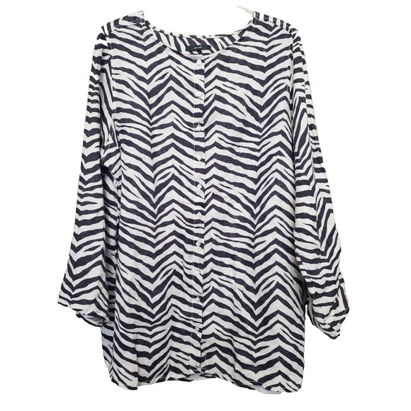 Tahari 100% Linen Tan Zebra Print Roll-Tab Sleeve Button-Up Tunic Size 1X - Picture 1 of 5